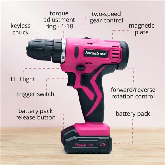 Pink Cordless Drill Set - Electric Screwdriver Cordless Drill Kit for Women - Picture 3 of 6